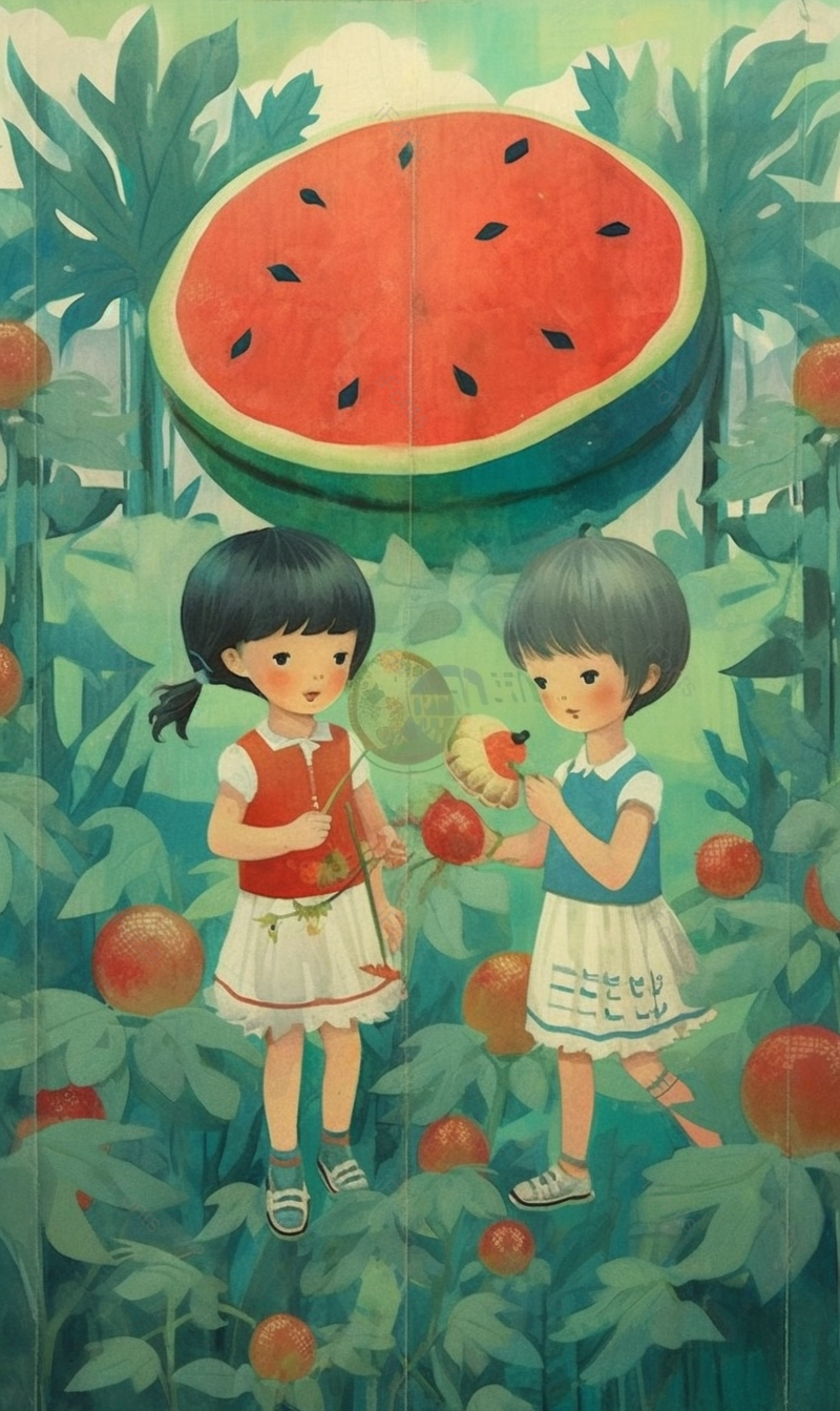 创意草丛水果西瓜明显萌娃玩耍儿童节插画素材壁纸,插画/手绘图,插画/手绘图库,插画/手绘图下载,插画/手绘